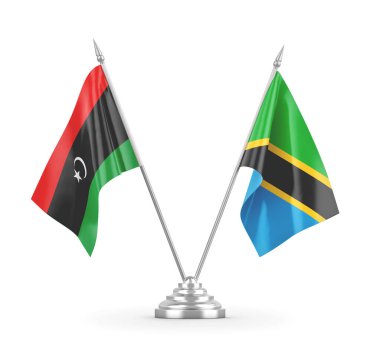 Tanzanya ve Libya masa bayrakları beyaz 3D görüntüleme üzerinde izole edildi