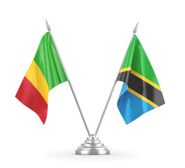 Tanzanya ve Mali masa bayrakları beyaz 3D görüntüleme üzerinde izole edildi