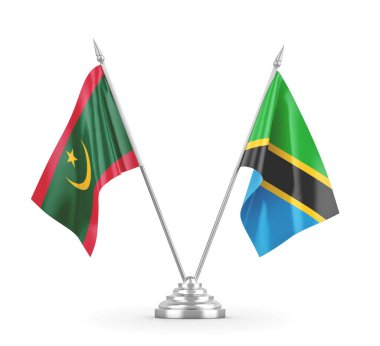 Tanzanya ve Moritanya masa bayrakları beyaz 3D görüntüleme üzerinde izole