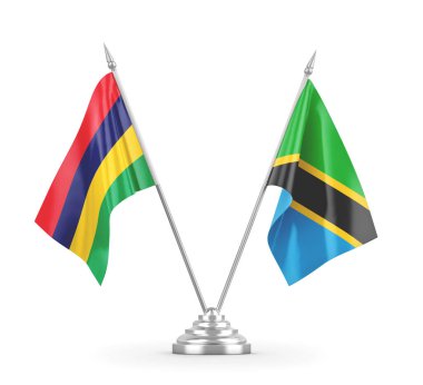 Tanzanya ve Mauritius masa bayrakları beyaz 3D görüntüleme üzerinde izole edildi