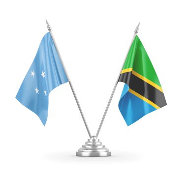 Tanzanya ve Mikronezya masa bayrakları beyaz 3D görüntüleme üzerinde izole