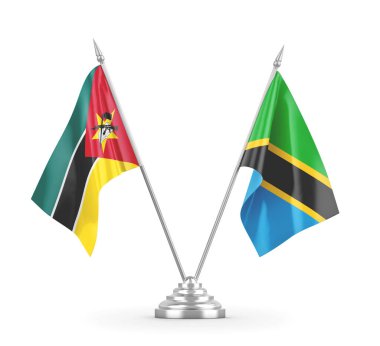 Tanzanya ve Mozambik masa bayrakları beyaz 3D görüntüleme üzerinde izole