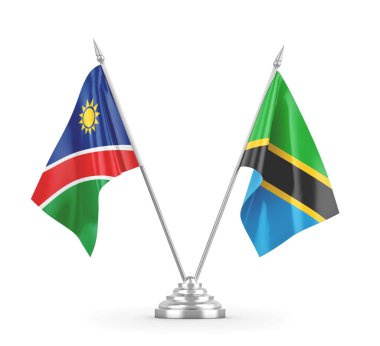 Tanzanya ve Namibya masa bayrakları beyaz 3D görüntüleme üzerinde izole edildi