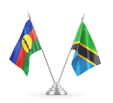 Tanzanya ve Yeni Kaledonya masa bayrakları beyaz 3D görüntüleme üzerinde izole