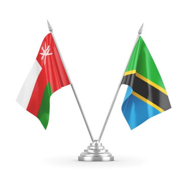 Tanzanya ve Umman masa bayrakları beyaz 3D görüntüleme üzerinde izole