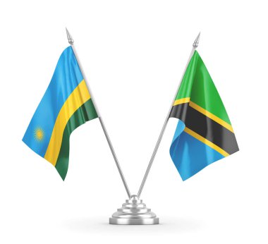 Tanzanya ve Ruanda masa bayrakları beyaz 3D görüntüleme üzerinde izole edildi