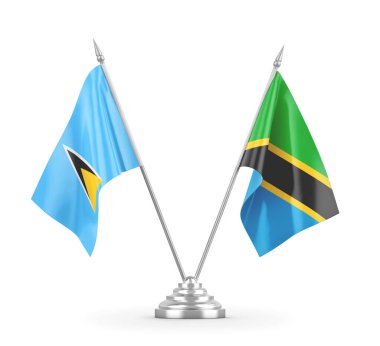 Tanzanya ve Saint Lucia masa bayrakları beyaz 3D görüntüleme üzerinde izole edildi