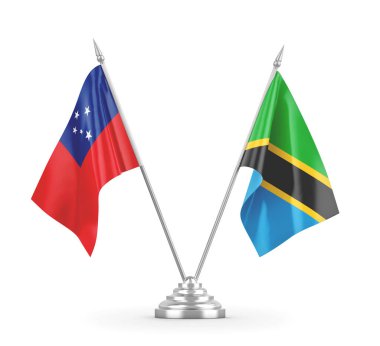 Tanzanya ve Samoa masa bayrakları beyaz 3D görüntüleme üzerinde izole