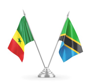 Tanzanya ve Senegal masa bayrakları beyaz 3D görüntüleme üzerinde izole edildi