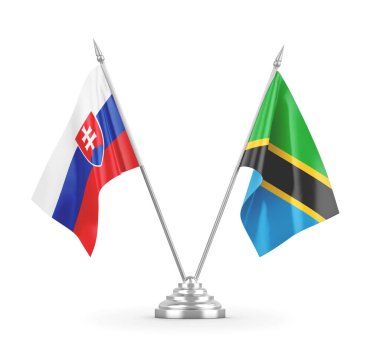 Tanzanya ve Slovakya masa bayrakları beyaz 3D görüntüleme üzerinde izole edildi