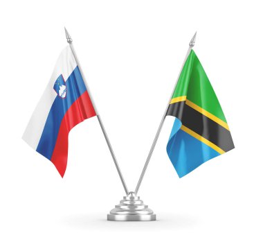 Tanzanya ve Slovenya masa bayrakları beyaz 3D görüntüleme üzerinde izole edildi