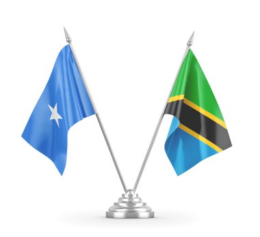 Tanzanya ve Somali masa bayrakları beyaz 3D görüntüleme üzerinde izole edildi