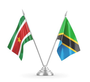 Tanzanya ve Surinam masa bayrakları beyaz 3D görüntüleme üzerinde izole