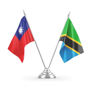 Tanzanya ve Tayvan masa bayrakları beyaz 3D görüntüleme üzerinde izole