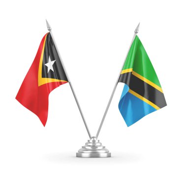 Tanzanya ve Timor-Leste Doğu Timor masa bayrakları beyaz 3D görüntüleme üzerinde izole