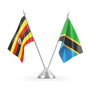Tanzanya ve Uganda masa bayrakları beyaz 3D görüntüleme üzerinde izole