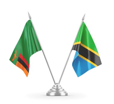 Tanzanya ve Zambiya masa bayrakları beyaz 3D görüntüleme üzerinde izole