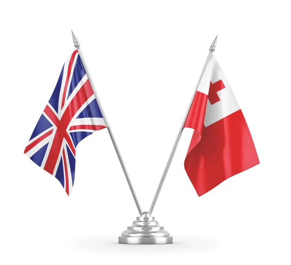 Bandeiras de mesa Tonga e Reino Unido isoladas em renderização 3D branca — Fotografia de Stock