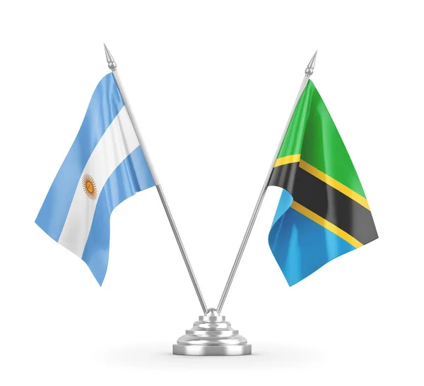 탄자니아와 아르헨티나 테이블 플래그 흰색 3D 렌더링에 분리 — 스톡 사진