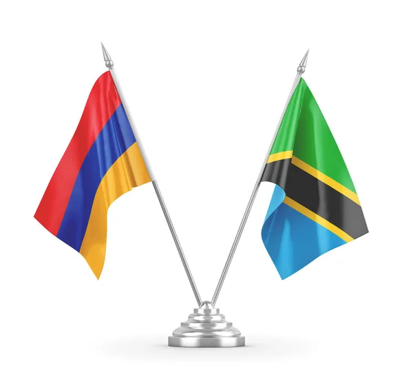 Banderas de mesa Tanzania y Armenia aisladas en renderizado 3D blanco — Foto de Stock