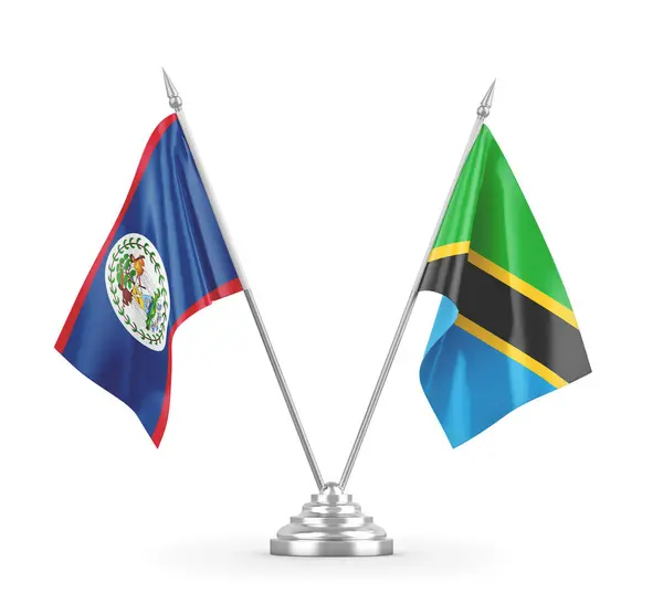 Banderas de mesa Tanzania y Belice aisladas en renderizado 3D blanco — Foto de Stock