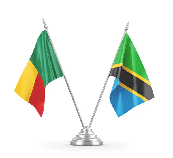 Banderas de mesa Tanzania y Benin aisladas en renderizado 3D blanco — Foto de Stock