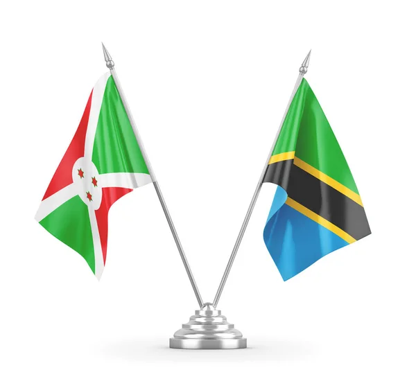 Banderas de mesa Tanzania y Burundi aisladas en renderizado 3D blanco — Foto de Stock