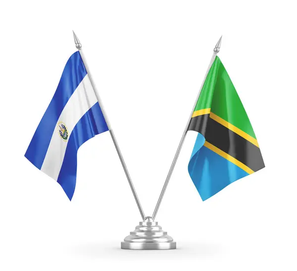 Banderas de mesa Tanzania y El Salvador aisladas en renderizado 3D blanco — Foto de Stock