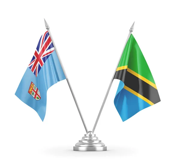 Banderas de mesa Tanzania y Fiji aisladas en renderizado 3D blanco — Foto de Stock