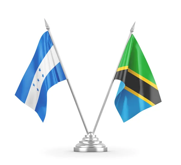 Banderas de mesa Tanzania y Honduras aisladas en renderizado 3D blanco — Foto de Stock