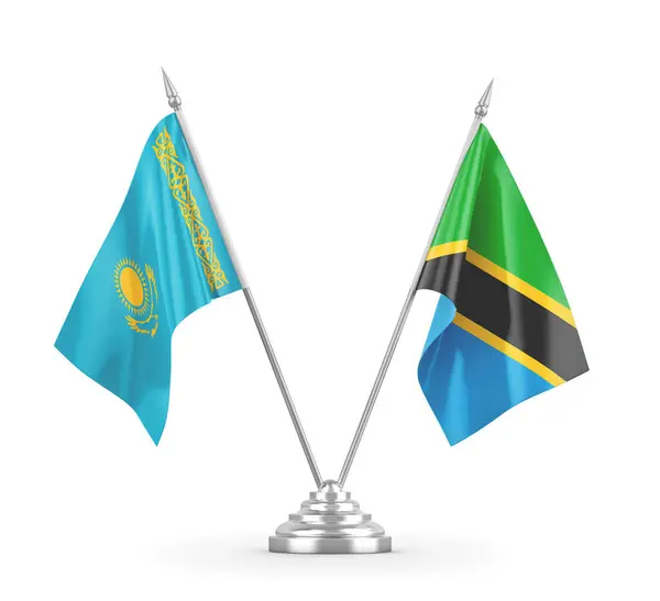 Banderas de mesa Tanzania y Kazajstán aisladas en renderizado 3D blanco — Foto de Stock