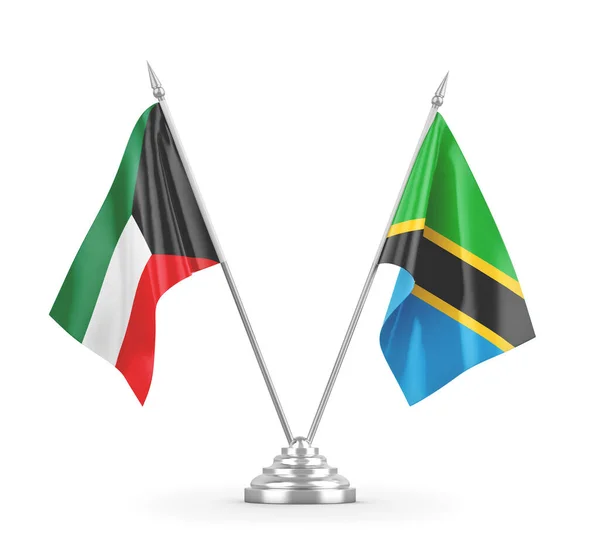 Banderas de mesa Tanzania y Kuwait aisladas en renderizado 3D blanco — Foto de Stock