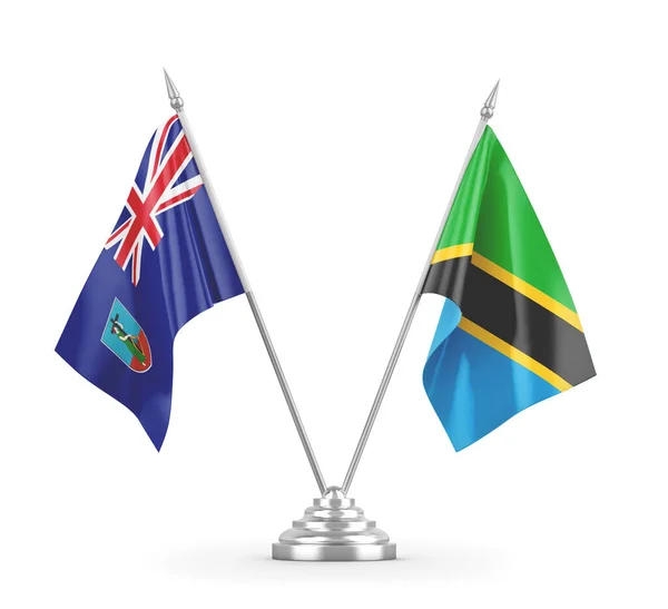 Banderas de mesa Tanzania y Montserrat aisladas en renderizado 3D blanco — Foto de Stock