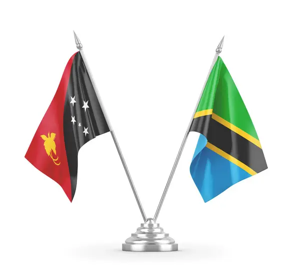 Banderas de mesa Tanzania y Papúa Nueva Guinea aisladas en renderizado 3D blanco — Foto de Stock