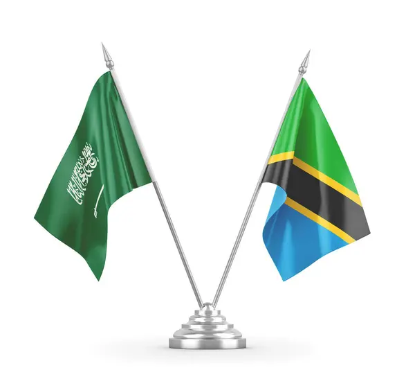 Banderas de mesa Tanzania y Arabia Saudita aisladas en renderizado 3D blanco — Foto de Stock