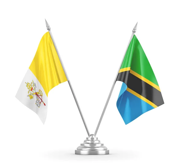 Banderas de mesa Tanzania y Vaticano aisladas en renderizado 3D blanco — Foto de Stock