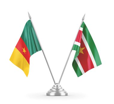Surinam ve Kamerun masa bayrakları beyaz 3D görüntüleme üzerinde izole