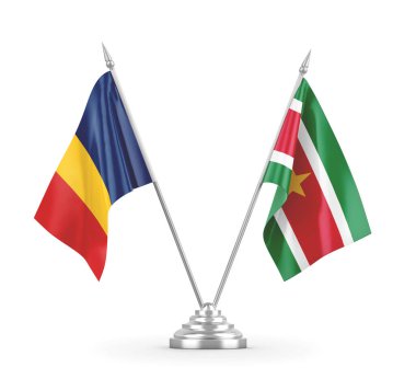 Surinam ve Chad masa bayrakları beyaz 3D görüntüleme üzerinde izole