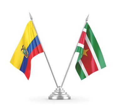 Surinam ve Ekvador masa bayrakları beyaz 3D görüntüleme üzerinde izole