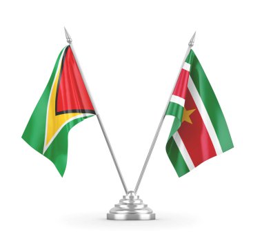 Surinam ve Guyana masa bayrakları beyaz 3D görüntüleme üzerinde izole