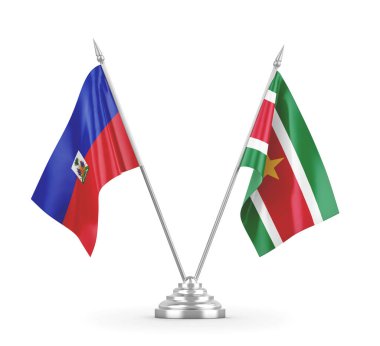 Surinam ve Haiti masa bayrakları beyaz 3D görüntüleme üzerinde izole