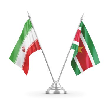 Surinam ve Iran masa bayrakları beyaz 3D görüntüleme üzerinde izole
