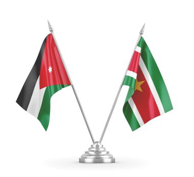 Surinam ve Jordan masa bayrakları beyaz 3D görüntüleme üzerinde izole