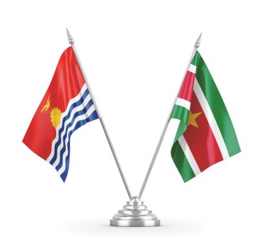 Surinam ve Kiribati masa bayrakları beyaz 3D görüntüleme üzerinde izole