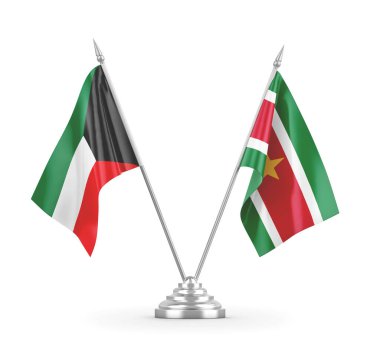 Surinam ve Kuveyt masa bayrakları beyaz 3D görüntüleme üzerinde izole