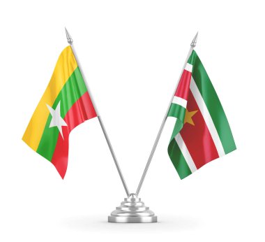 Surinam ve Myanmar masa bayrakları beyaz 3D görüntüleme üzerinde izole