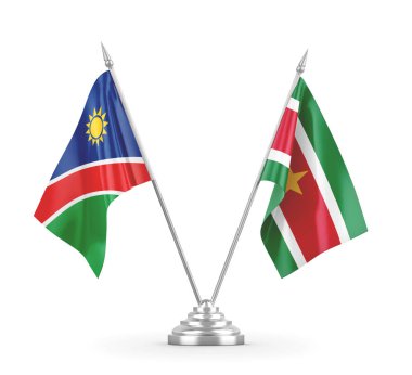 Surinam ve Namibya masa bayrakları beyaz 3D görüntüleme üzerinde izole
