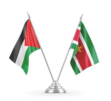 Surinam ve Filistin masa bayrakları beyaz 3D görüntüleme