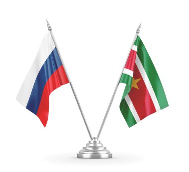 Surinam ve Rusya masa bayrakları beyaz 3D görüntüleme üzerinde izole