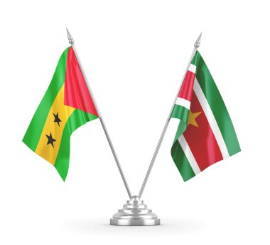 Surinam ve Sao Tome ve Principe masa bayrakları beyaz 3D görüntüleme üzerinde izole